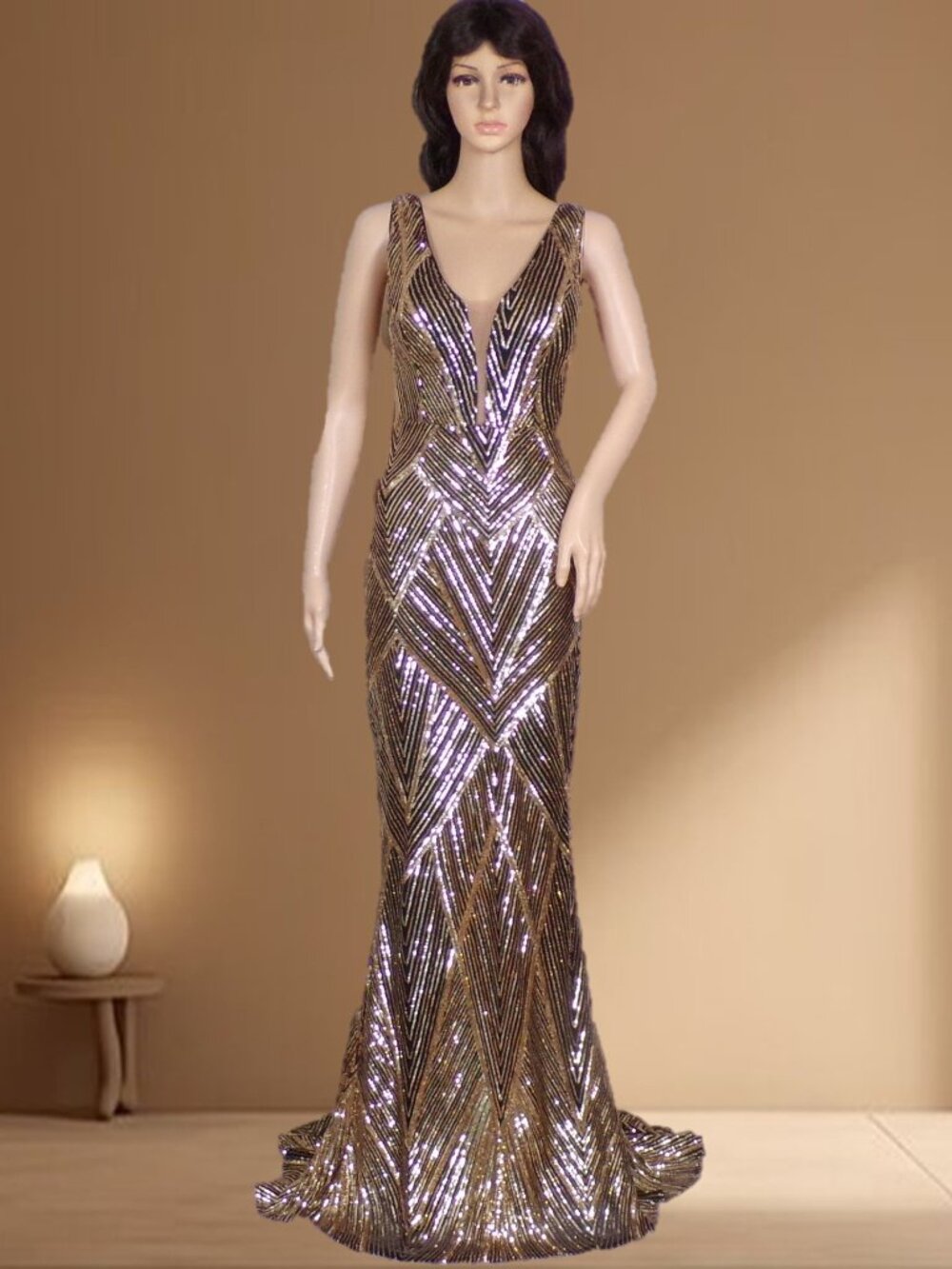 UNBRANDED size S gold/brown sequined sleeveless floor-length mermaid gown